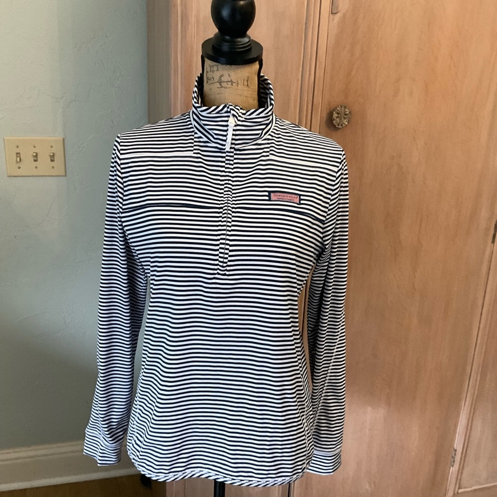 Vineyard Vines Navy White Stripe long sleeve top sport zip mock neck Shirt M